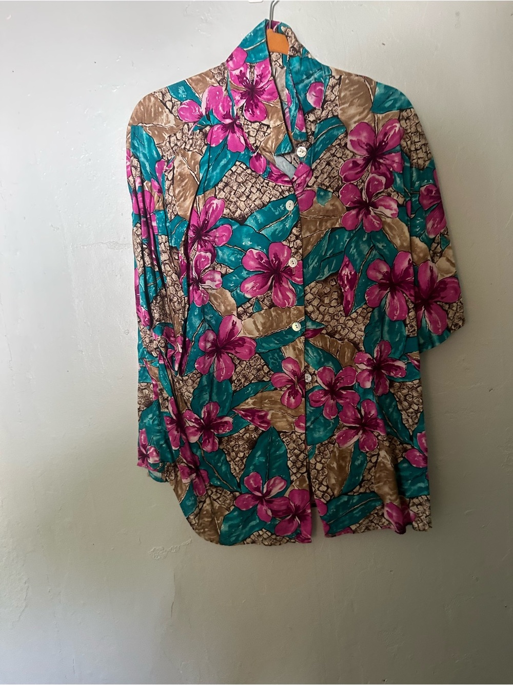 Kathie Lee Collection Floral Button-Up in Teal, Magenta & Tan